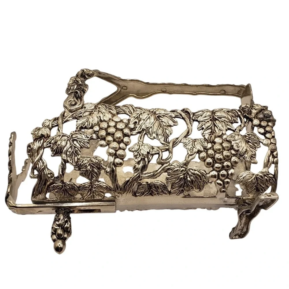 Vintage Silver Tone Grape Vine Wine‎ Bottle Cradle Pourer Ornate Repousse Decor
